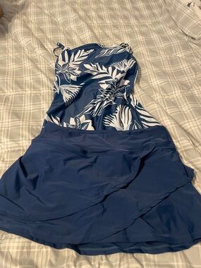 Blue Floral Strapless Swim Dress with Skirt
